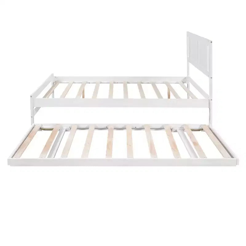 Full Size Platform Bed with Twin Size Adjustable Trundle, Wooden Full Bed Frame with Headboard for Bedromm