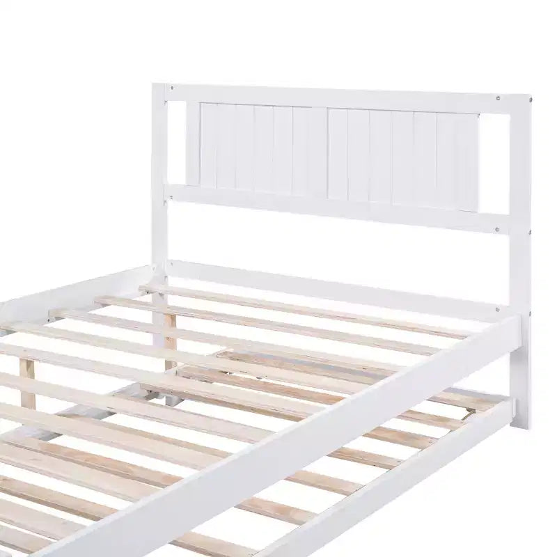 Full Size Platform Bed with Twin Size Adjustable Trundle, Wooden Full Bed Frame with Headboard for Bedromm