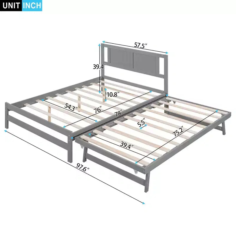 Full Size Platform Bed with Twin Size Adjustable Trundle, Wooden Full Bed Frame with Headboard for Bedromm