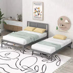 Full Size Platform Bed with Twin Size Adjustable Trundle, Wooden Full Bed Frame with Headboard for Bedromm