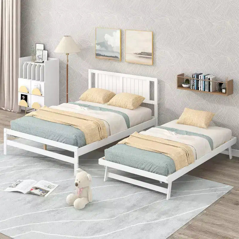 Full Size Platform Bed with Twin Size Adjustable Trundle, Wooden Full Bed Frame with Headboard for Bedromm