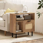 Table de chevet bohème en rotin avec étagère de rangement et pieds en métal