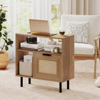 Table de chevet bohème en rotin avec étagère de rangement et pieds en métal