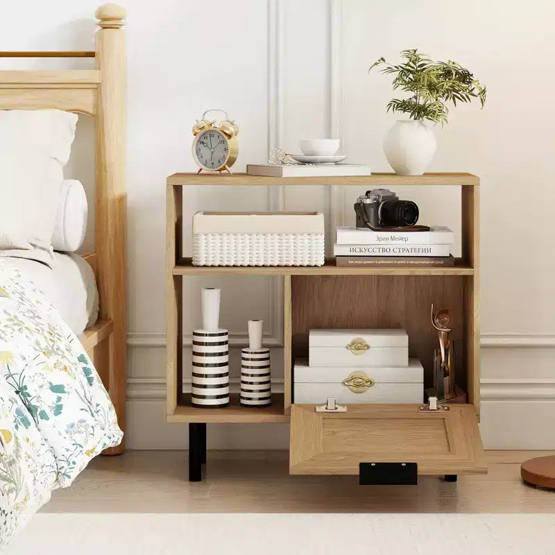 Boho Rattan Nightstand Wooden End Table with Storage Shelf Cabinet & Metal Legs