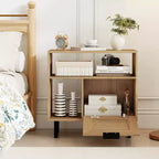 Table de chevet bohème en rotin avec étagère de rangement et pieds en métal