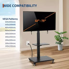 Meuble TV mobile à roulettes, réglable en hauteur avec roulettes verrouillables pour téléviseurs de 32 à 75 pouces, base pivotante/inclinable et étagère ouverte