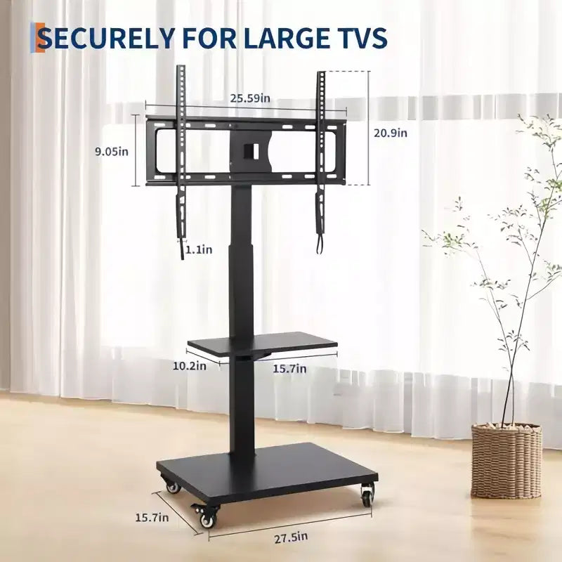 Mobile TV Cart Height-Adjustable Rolling Stand with Locking Casters for 32-75 inch TVs, Swivel/Tilt Base & Open Shelf