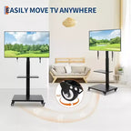 Meuble TV mobile à roulettes, réglable en hauteur avec roulettes verrouillables pour téléviseurs de 32 à 75 pouces, base pivotante/inclinable et étagère ouverte