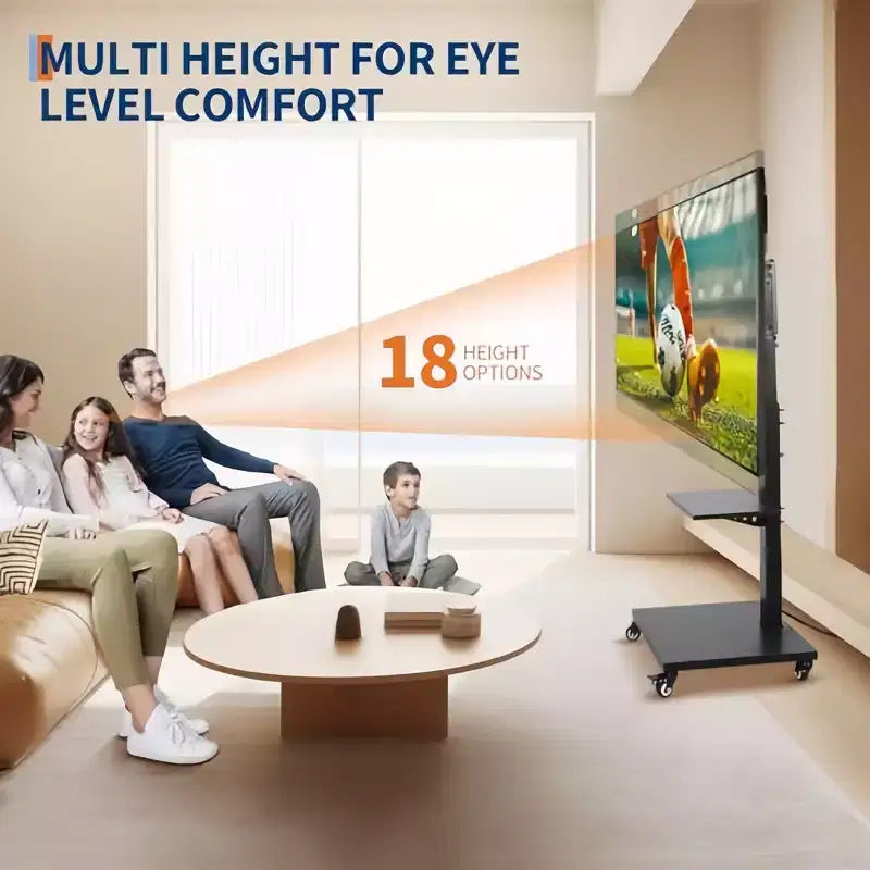 Mobile TV Cart Height-Adjustable Rolling Stand with Locking Casters for 32-75 inch TVs, Swivel/Tilt Base & Open Shelf