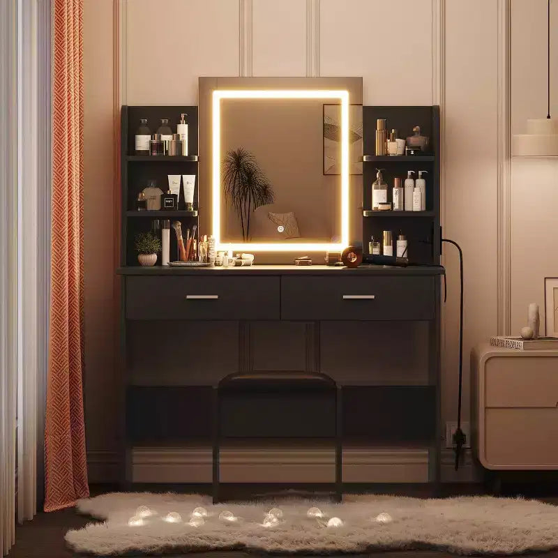 Vanity Desk with Lighted Mirror, Stool, Power Outlet, 6 Shelves, 2 Large Drawers, 3-Color Adjustable LED, Makeup Vanity for Bedroom, Black