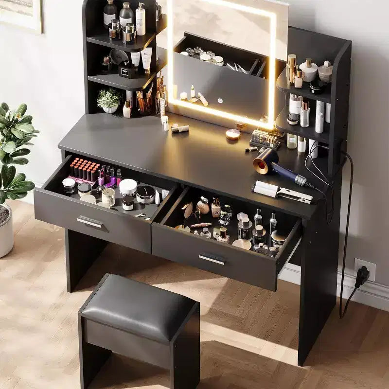 Vanity Desk with Lighted Mirror, Stool, Power Outlet, 6 Shelves, 2 Large Drawers, 3-Color Adjustable LED, Makeup Vanity for Bedroom, Black