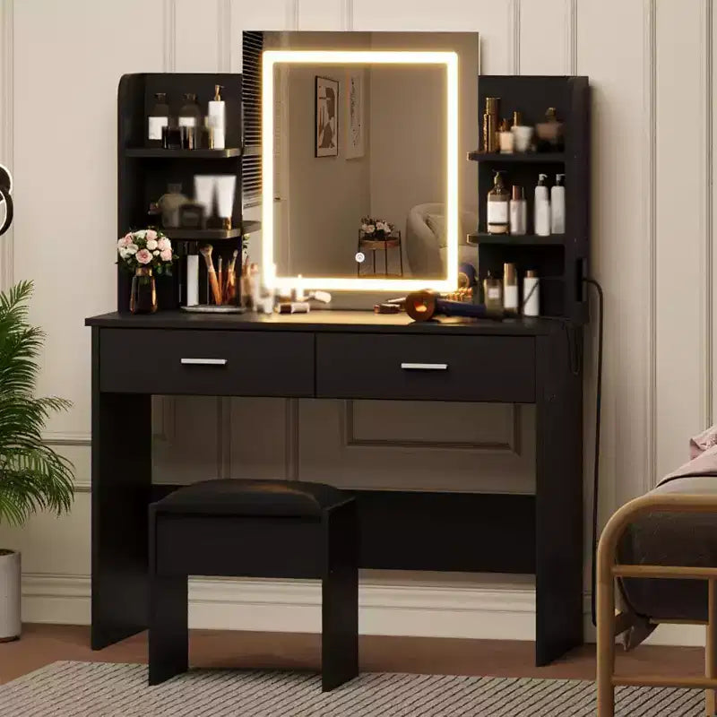 Vanity Desk with Lighted Mirror, Stool, Power Outlet, 6 Shelves, 2 Large Drawers, 3-Color Adjustable LED, Makeup Vanity for Bedroom, Black