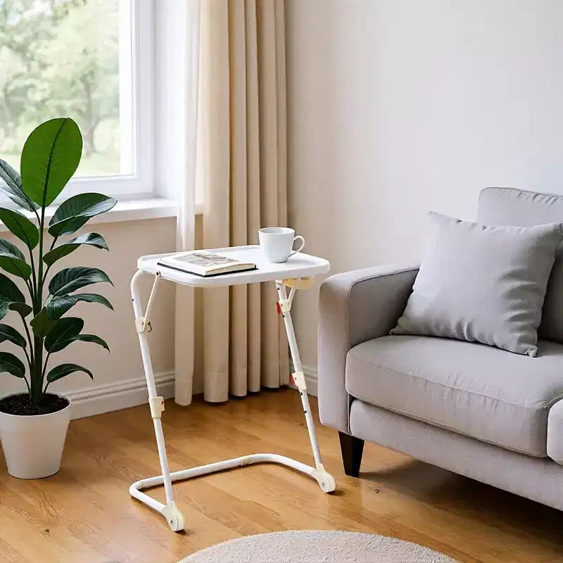 Adjustable Folding TV Tray with 4 Height & 3 Tilt Angle, Foldable Dinner Trays Laptop Snack Table with Cup Holder Sofa, 2PCS. White