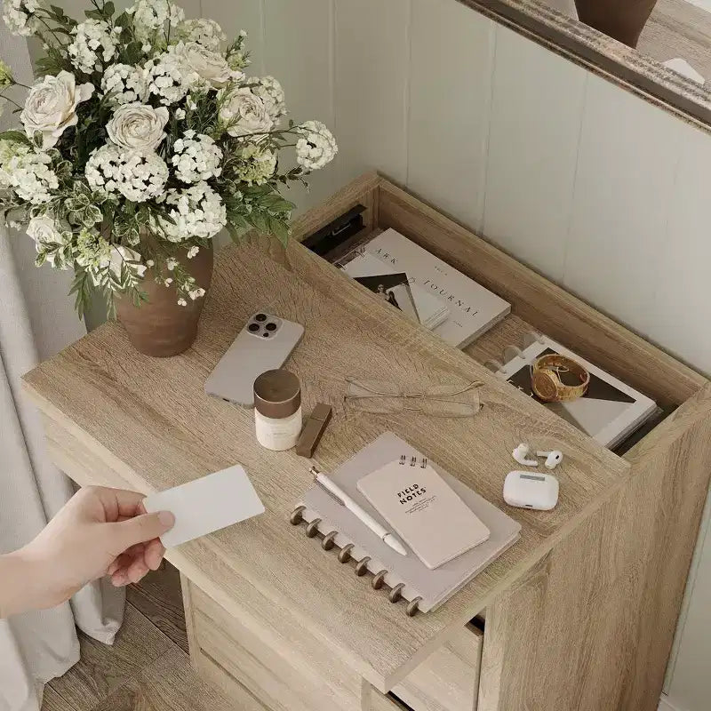 Smart Light Oak Nightstand with Hidden Drawer, Top Flip - Door with NFC Lock & Bottom Kick Drawer,Side Table for Bedroom & Living Room