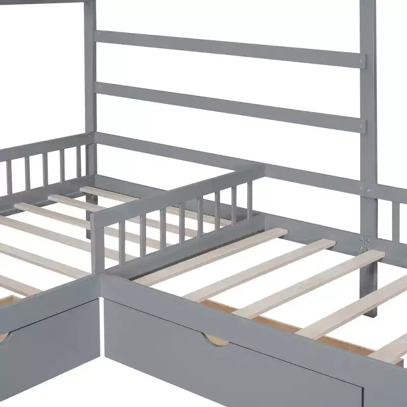 L Shaped Corner Twin Bed for 2 Kids, Twin Size House Platform Bed with 3 Storage Drawers, Wood Double Twin Beds with Fence and Roof
