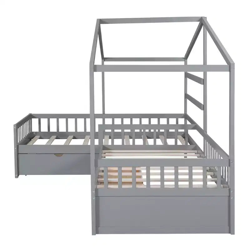 L Shaped Corner Twin Bed for 2 Kids, Twin Size House Platform Bed with 3 Storage Drawers, Wood Double Twin Beds with Fence and Roof