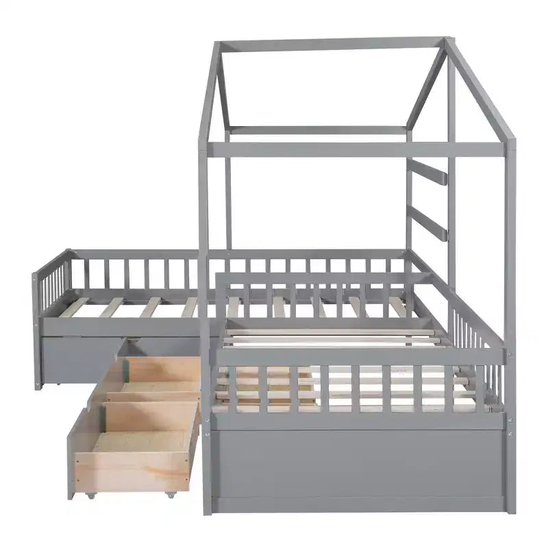 L Shaped Corner Twin Bed for 2 Kids, Twin Size House Platform Bed with 3 Storage Drawers, Wood Double Twin Beds with Fence and Roof