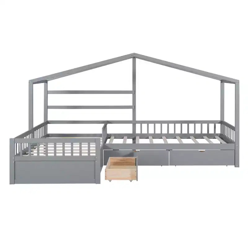 L Shaped Corner Twin Bed for 2 Kids, Twin Size House Platform Bed with 3 Storage Drawers, Wood Double Twin Beds with Fence and Roof