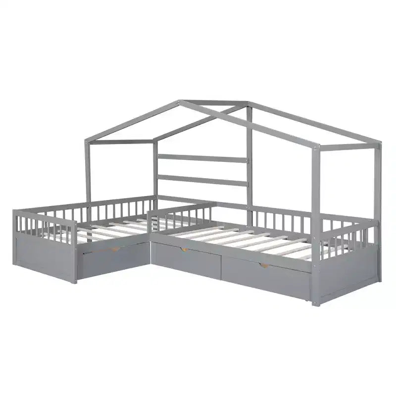 L Shaped Corner Twin Bed for 2 Kids, Twin Size House Platform Bed with 3 Storage Drawers, Wood Double Twin Beds with Fence and Roof
