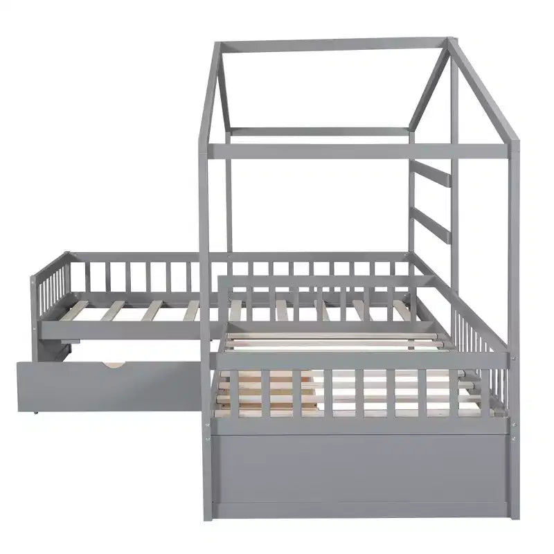 L Shaped Corner Twin Bed for 2 Kids, Twin Size House Platform Bed with 3 Storage Drawers, Wood Double Twin Beds with Fence and Roof