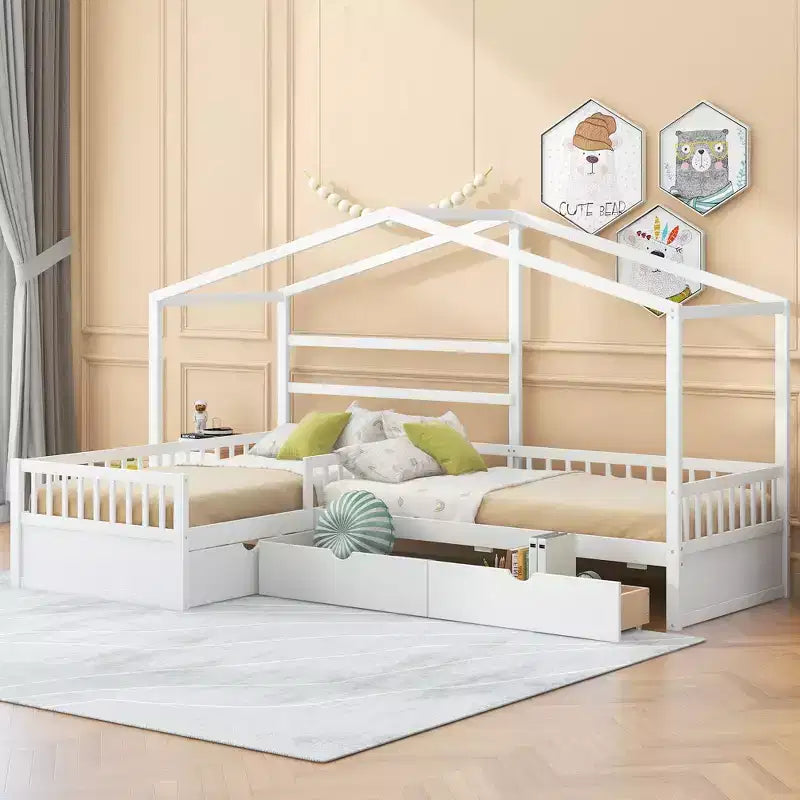 L Shaped Corner Twin Bed for 2 Kids, Twin Size House Platform Bed with 3 Storage Drawers, Wood Double Twin Beds with Fence and Roof