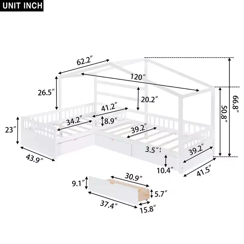 L Shaped Corner Twin Bed for 2 Kids, Twin Size House Platform Bed with 3 Storage Drawers, Wood Double Twin Beds with Fence and Roof
