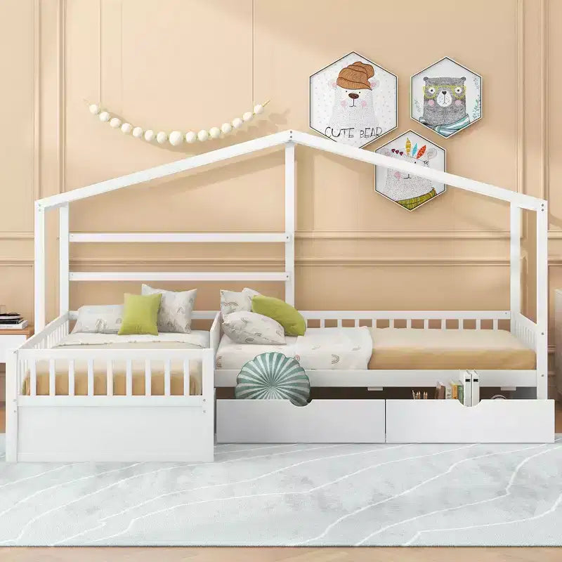 L Shaped Corner Twin Bed for 2 Kids, Twin Size House Platform Bed with 3 Storage Drawers, Wood Double Twin Beds with Fence and Roof
