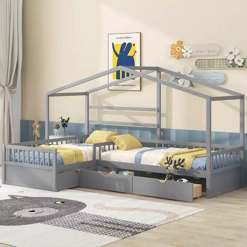 L Shaped Corner Twin Bed for 2 Kids, Twin Size House Platform Bed with 3 Storage Drawers, Wood Double Twin Beds with Fence and Roof