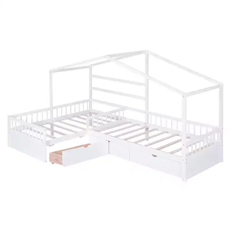 L Shaped Corner Twin Bed for 2 Kids, Twin Size House Platform Bed with 3 Storage Drawers, Wood Double Twin Beds with Fence and Roof
