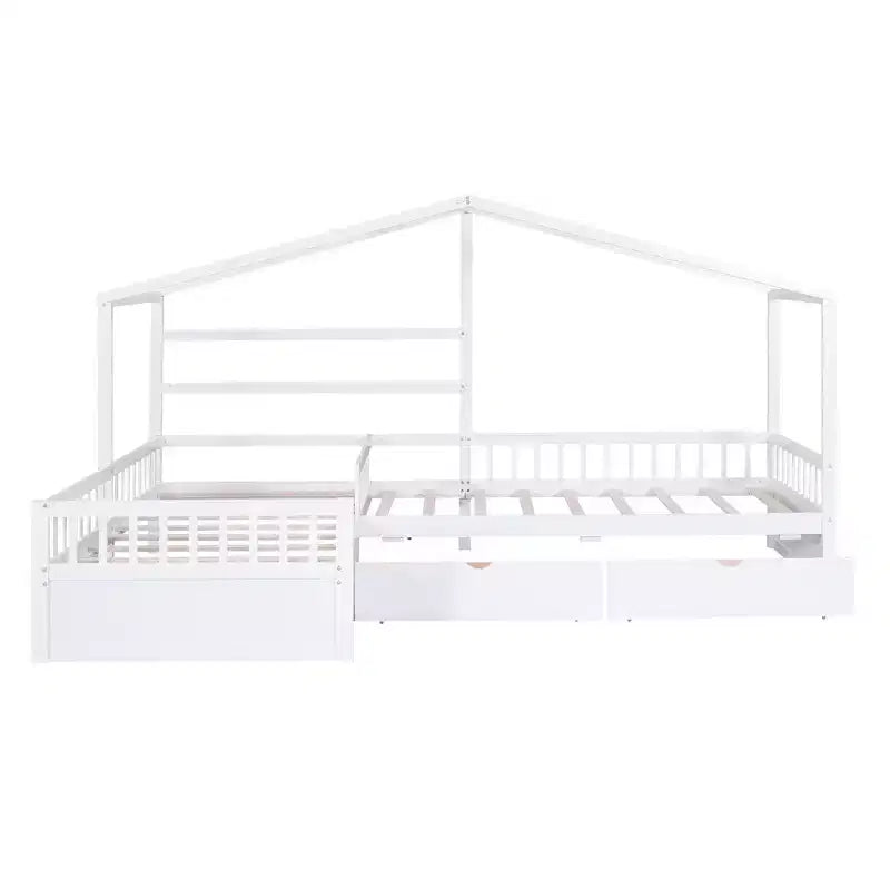 L Shaped Corner Twin Bed for 2 Kids, Twin Size House Platform Bed with 3 Storage Drawers, Wood Double Twin Beds with Fence and Roof