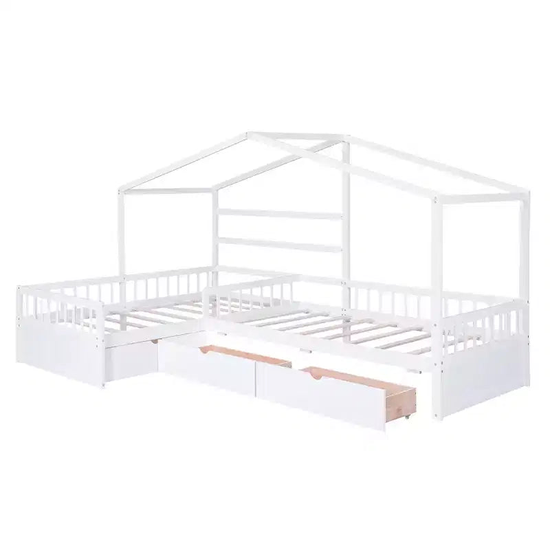 L Shaped Corner Twin Bed for 2 Kids, Twin Size House Platform Bed with 3 Storage Drawers, Wood Double Twin Beds with Fence and Roof