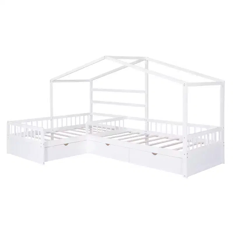 L Shaped Corner Twin Bed for 2 Kids, Twin Size House Platform Bed with 3 Storage Drawers, Wood Double Twin Beds with Fence and Roof