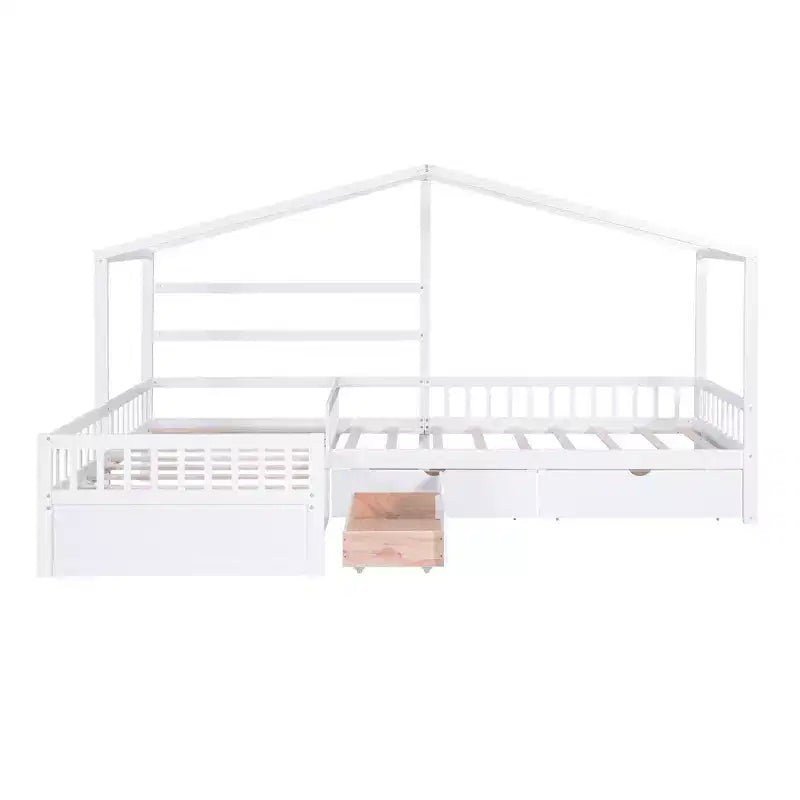 L Shaped Corner Twin Bed for 2 Kids, Twin Size House Platform Bed with 3 Storage Drawers, Wood Double Twin Beds with Fence and Roof