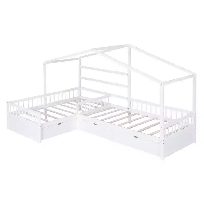 L Shaped Corner Twin Bed for 2 Kids, Twin Size House Platform Bed with 3 Storage Drawers, Wood Double Twin Beds with Fence and Roof