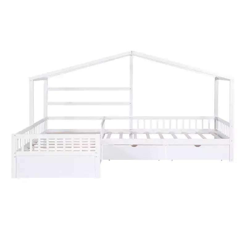 L Shaped Corner Twin Bed for 2 Kids, Twin Size House Platform Bed with 3 Storage Drawers, Wood Double Twin Beds with Fence and Roof