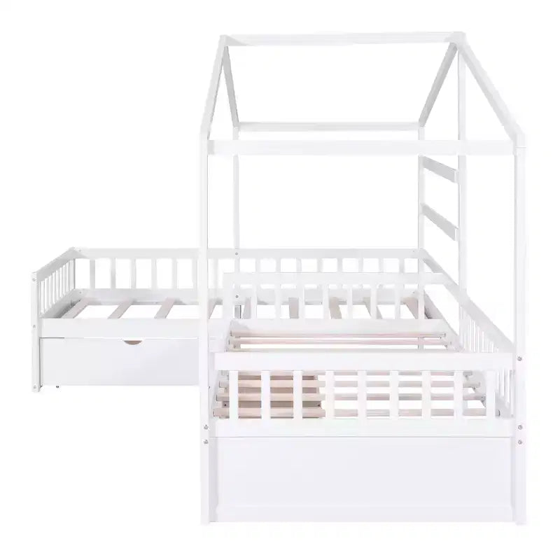 L Shaped Corner Twin Bed for 2 Kids, Twin Size House Platform Bed with 3 Storage Drawers, Wood Double Twin Beds with Fence and Roof