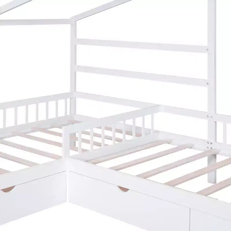 L Shaped Corner Twin Bed for 2 Kids, Twin Size House Platform Bed with 3 Storage Drawers, Wood Double Twin Beds with Fence and Roof