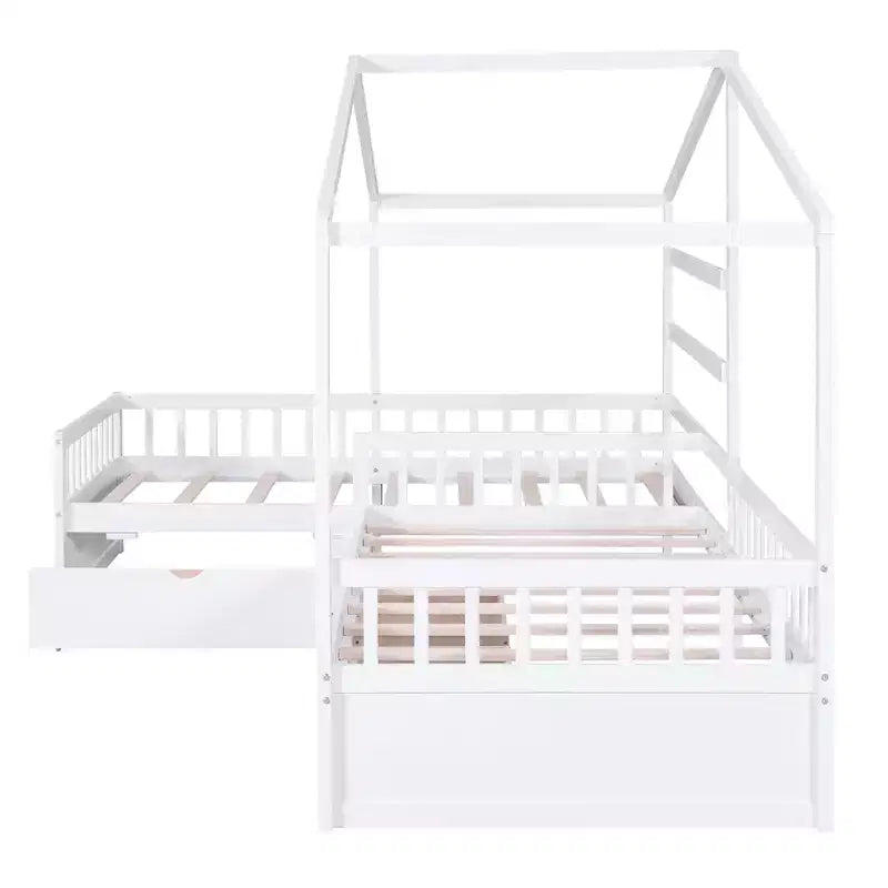 L Shaped Corner Twin Bed for 2 Kids, Twin Size House Platform Bed with 3 Storage Drawers, Wood Double Twin Beds with Fence and Roof