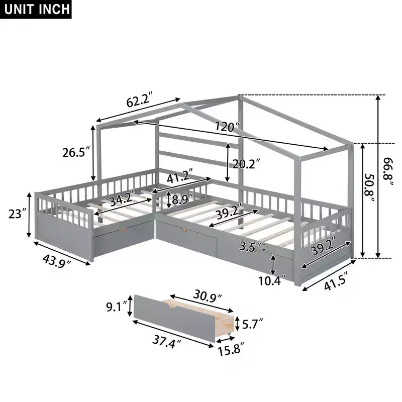 L Shaped Corner Twin Bed for 2 Kids, Twin Size House Platform Bed with 3 Storage Drawers, Wood Double Twin Beds with Fence and Roof
