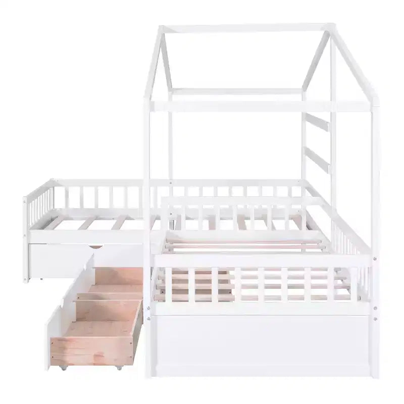 L Shaped Corner Twin Bed for 2 Kids, Twin Size House Platform Bed with 3 Storage Drawers, Wood Double Twin Beds with Fence and Roof