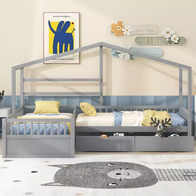 L Shaped Corner Twin Bed for 2 Kids, Twin Size House Platform Bed with 3 Storage Drawers, Wood Double Twin Beds with Fence and Roof
