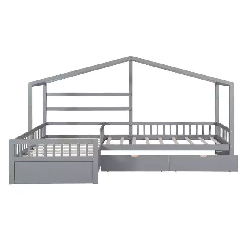 L Shaped Corner Twin Bed for 2 Kids, Twin Size House Platform Bed with 3 Storage Drawers, Wood Double Twin Beds with Fence and Roof