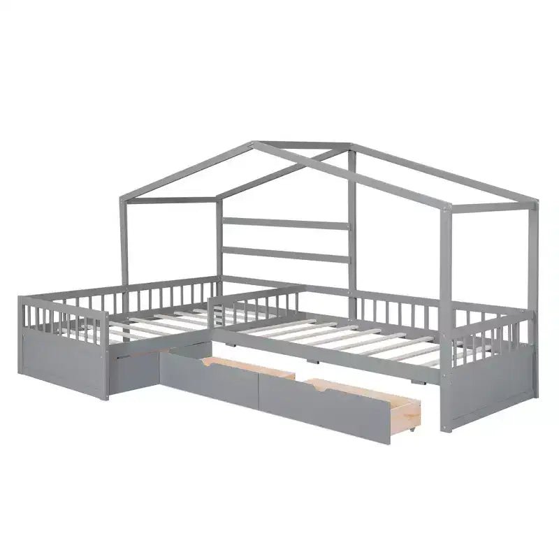 L Shaped Corner Twin Bed for 2 Kids, Twin Size House Platform Bed with 3 Storage Drawers, Wood Double Twin Beds with Fence and Roof
