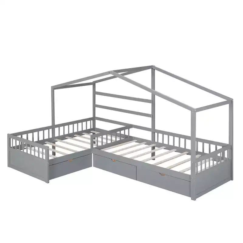L Shaped Corner Twin Bed for 2 Kids, Twin Size House Platform Bed with 3 Storage Drawers, Wood Double Twin Beds with Fence and Roof