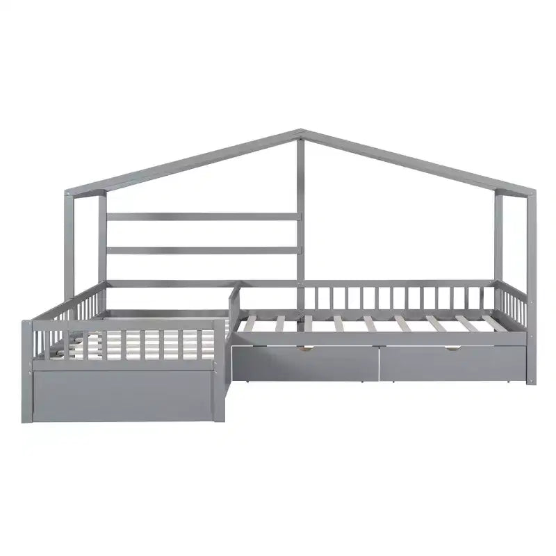 L Shaped Corner Twin Bed for 2 Kids, Twin Size House Platform Bed with 3 Storage Drawers, Wood Double Twin Beds with Fence and Roof