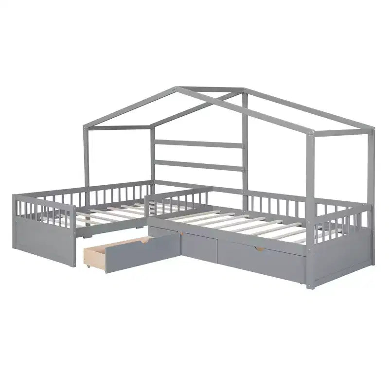 L Shaped Corner Twin Bed for 2 Kids, Twin Size House Platform Bed with 3 Storage Drawers, Wood Double Twin Beds with Fence and Roof