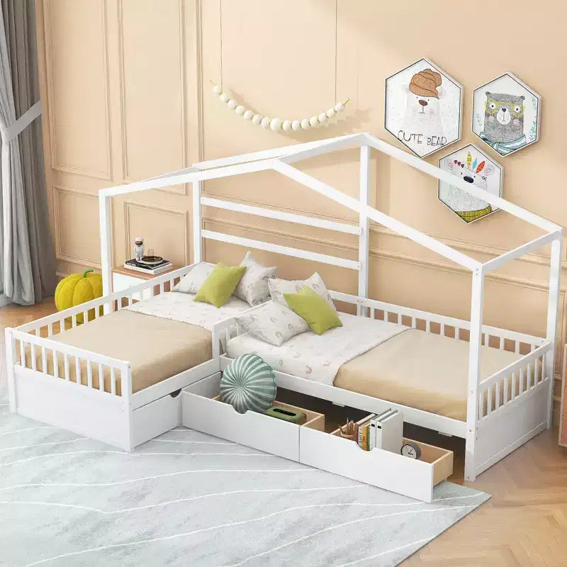L Shaped Corner Twin Bed for 2 Kids, Twin Size House Platform Bed with 3 Storage Drawers, Wood Double Twin Beds with Fence and Roof