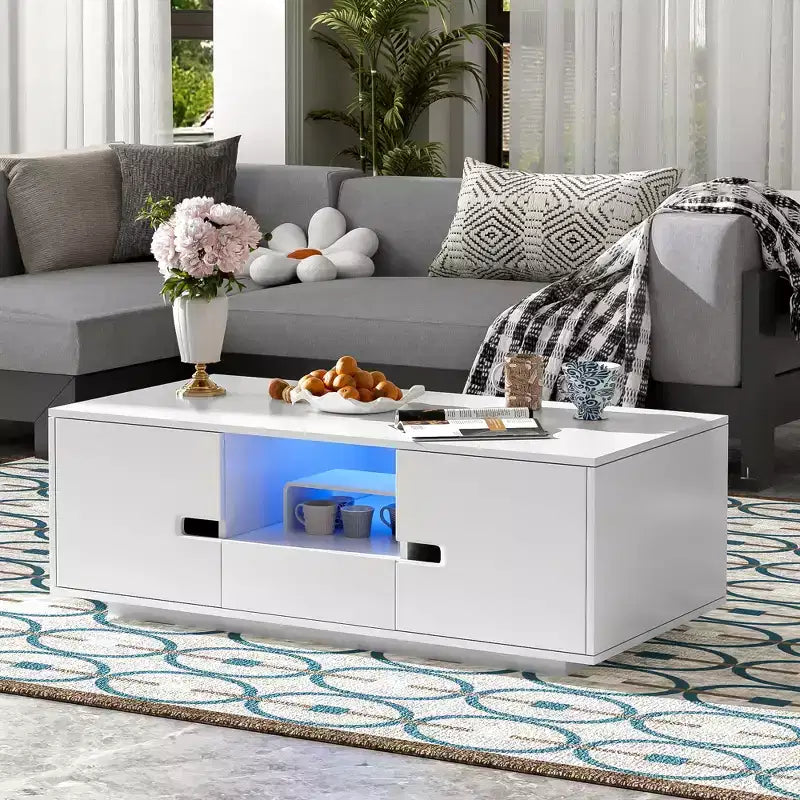 Modern High Glossy Rectangle Coffee Table, Stylish Center Table with Storage Space, Accent Furniture with 16 Color LED Lights for Living Room