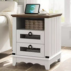 COZONY Farmhouse Nightstand with Charging Station, Drawers, Open Cubby Storage, Bedside Table for Bedroom Living Room