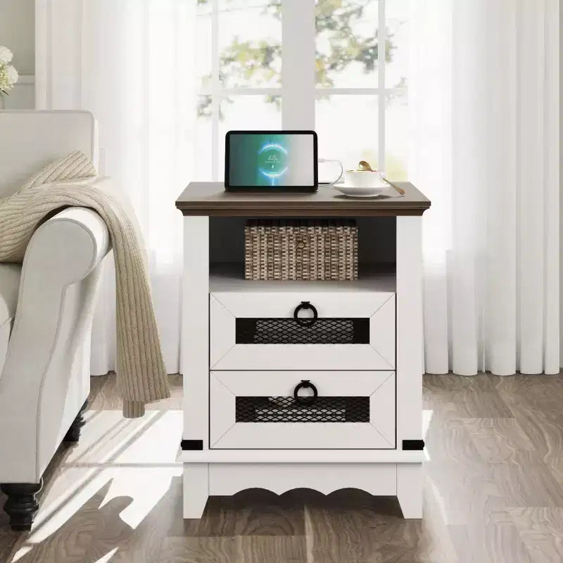 Farmhouse Nightstand with Charging Station, Drawers, Open Cubby Storage, Bedside Table for Bedroom Living Room